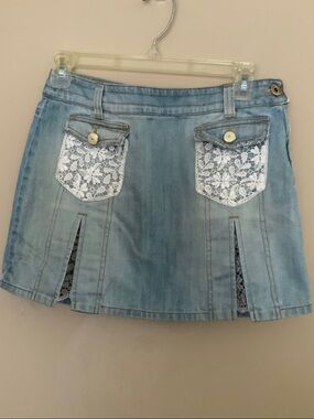 Dolce & Gabbana Light Blue Denim Mini Skirt with White Lace Pockets
